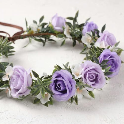 Fairy Purple Flower Crown Headband, Boho Rose Floral Headpiece | Artificial, Adjustable Fairy Woodland Headbands, Women Maternity Wedding Renaissance Festival Birthday Party Accessories - color: White-purple