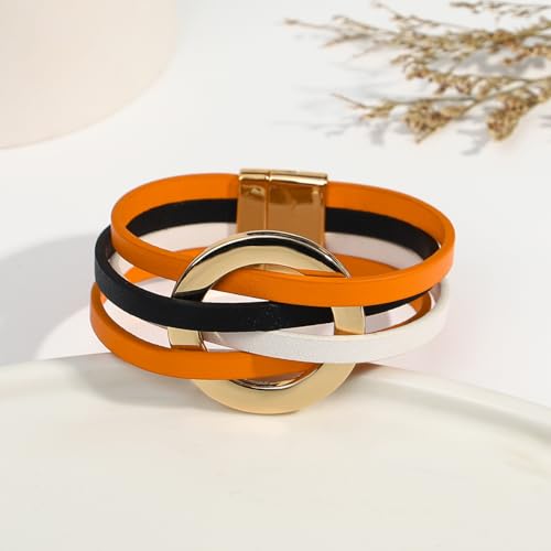 hotoo Circle Charm Bracelets for Women Handmade Leather Wrap Bracelets for Couples Friendship Bracelet Bohemian Cuff Bangle Boho Jewelry Gift - color: New Orange