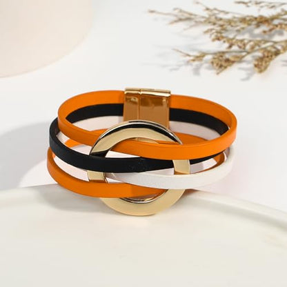 hotoo Circle Charm Bracelets for Women Handmade Leather Wrap Bracelets for Couples Friendship Bracelet Bohemian Cuff Bangle Boho Jewelry Gift - color: New Orange