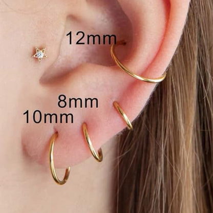 Small Gold Hoop Earrings, Lightweight 14K Gold Plated Huggie Hoop Earrings for Cartilage Helix Tragus, Hypoallergenic Earrings for Women Men, Tiny Thin Hoops Surgical Steel Endless Hoops Earrings 6-10 mm - color: 8/10/12mm Hoop Gold-16g