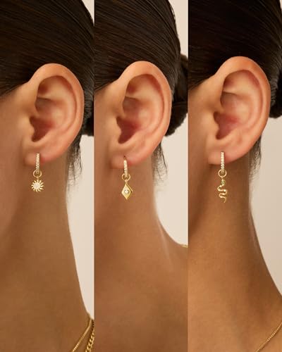 PAVOI 14K Gold Plated Mix & Match Charms Dainty Huggie Earrings for Women | Hypoallergenic Earrings with 925 Sterling Silver Posts, Huggie Hoop Earrings with Motif Dangle Charms Pack - style: Snake