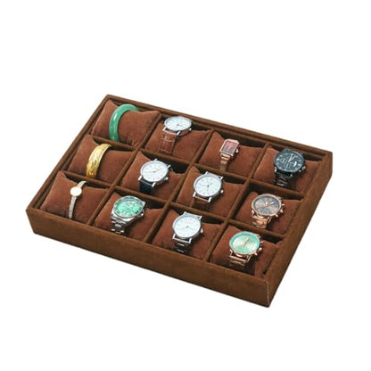 Jewelry Watch Tray, Coffee Velvet Watch Jewelry Organizer 12 Grid, Stackable Watch Bracelet Bangle Display Holder, Adjustable Pillows, for Man Woman Show Birthday - color: Coffee