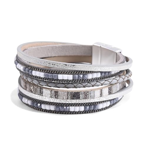 Wrapped Bracelets for Women,Leather Boho Bracelets for Women - color: Boho-Grey