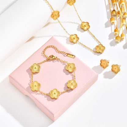 Gold Necklaces Bracelets Earring Set - 18K Gold Plated Flower Bracelet Chain,Stainless Steel Non Tarnish Floral Pendant Stud Jewelry Sets,Christmas Birthday Lucky Gift for Mom Wife Daughter Girlfriend - color: Gold