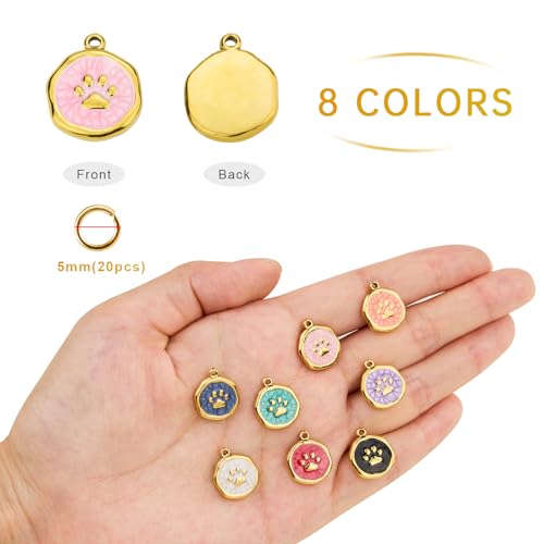 UAMOKANG 8pcs Mixed Color Enamel Round Charms for Jewelry Making, Gold Plated Stainless Steel Paws Bulk Charm Pendant for Necklace Bracelet DIY - color: Round Paw