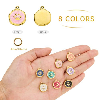 UAMOKANG 8pcs Mixed Color Enamel Round Charms for Jewelry Making, Gold Plated Stainless Steel Paws Bulk Charm Pendant for Necklace Bracelet DIY - color: Round Paw