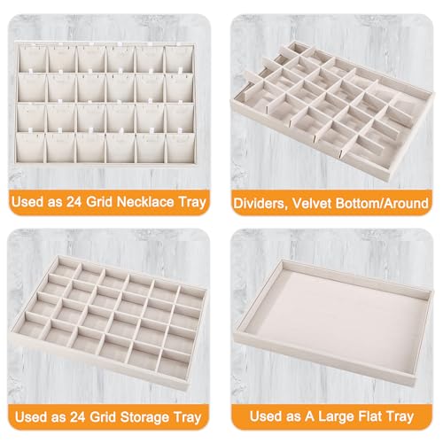 24 Grid Jewelry Tray Velvet Jewelry Display Tray with Removable Dividers | Jewelry Organizer Stackable Trays for Earrings Necklaces Bracelet Rings Display Showcase - Beige - color: Beige