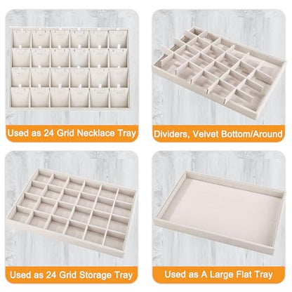 24 Grid Jewelry Tray Velvet Jewelry Display Tray with Removable Dividers | Jewelry Organizer Stackable Trays for Earrings Necklaces Bracelet Rings Display Showcase - Beige - color: Beige