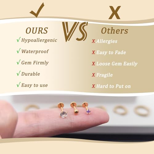 Flat Back Stud Earrings Cartilage Earrings for Women Men Hypoallergenic Threadless Flat Back Earring Surgical Steel Earring Tragus Helix Labret Lip Medusa Conch Body Piercing Jewelry - color: Gold-16G(1.2mm)