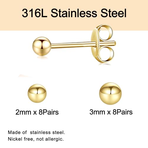 15 Pairs Surgical Steel Ball Stud Earrings Set | Fadeless, PVD Plating, Stainless Steel, Fadeless, Waterproof, High Polish, Hypoallergenic - color: Gold 16Pairs (2mm 3mm )
