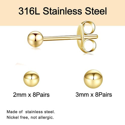 15 Pairs Surgical Steel Ball Stud Earrings Set | Fadeless, PVD Plating, Stainless Steel, Fadeless, Waterproof, High Polish, Hypoallergenic - color: Gold 16Pairs (2mm 3mm )