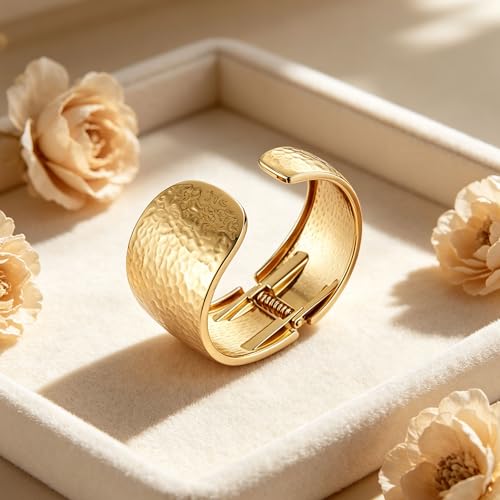 AsAlways 14K Gold Plated Hammered Cuff Bracelet for Women Wide Textured Open Cuff Bangle Statement Gold Chunky Bracelet Jewelry Gift - color: 02 Gold
