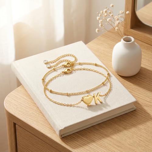 Gold Plated Layered Initial Charm Bracelet for Women - Personalized A-Z Letter Jewelry with Satellite Chain, Adjustable Bracelet Gift for Her, Everyday Wear - color: Gold-K