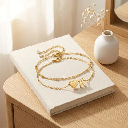 Gold Plated Layered Initial Charm Bracelet for Women - Personalized A-Z Letter Jewelry with Satellite Chain, Adjustable Bracelet Gift for Her, Everyday Wear - color: Gold-K