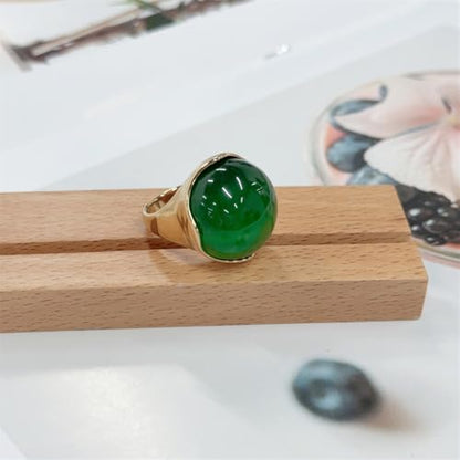 OIDIMS Green Cat Eye Stone Statement Ring for Women 18k Gold-Tone Plated Stainless Steel Geometric Round Gemstone Rings Wedding Knuckle Middle Finger Band Fashion Jewelry Comfort Fit Cocktail Party