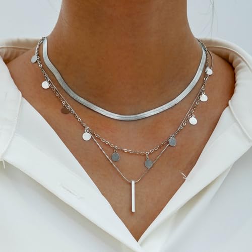 Layered Gold Necklace for Women Double Layer Snake Chain Necklace Set Jewelry Gift - color: Silver thick gold necklace