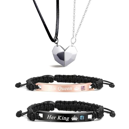 HUASAI 4Pcs Heart Necklaces for Women Couples Necklace Bracelets Matching Set for Couples Jewelry Gifts Pendant Matching Necklace Valentines Day Gifts for Her Girlfriend Valentines Accessories - color: A3:Couple Bracelets