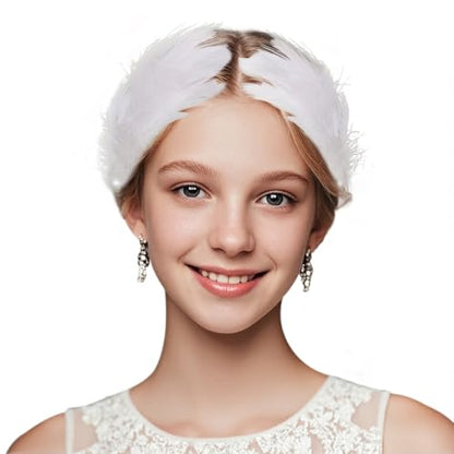 White Feather Headpiece and Swan Headpiece, Elegant Faux Plume Ballet Costume Accessories for Women, Pearl Decorative Feather Hair Clip Set for Wedding Prom, 2 Pcs