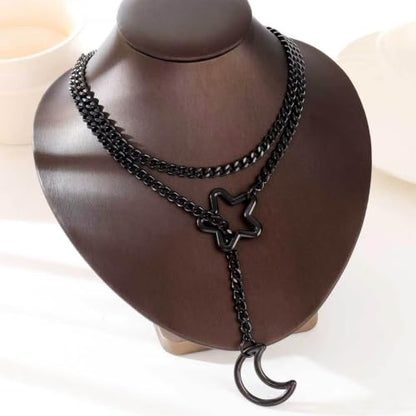 Heart Slip Chain Necklace for Women, 36 Inch Gothic Punk Cuban Chain, Removable Black Heart O-Ring, Detachable Heart Pendant, Adjustable Stainless Steel Y-Necklace. - color: star moon