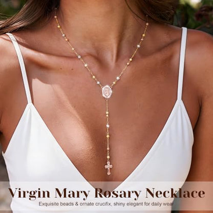 14K Gold/Silver Plated Miraculous Medal Rosary Cross Necklace Women | Miraculous Medal Y-Chain Rosary Necklace, Premium Gift Box, Catholic Milestone Gifts, Daily Faith Wear - style: Gold Style5
