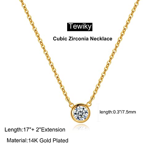 Tewiky Dainty 14k Gold Plated/Silver Cubic Zirconia Necklaces for Women, Simple CZ Jewelry Necklaces Trendy Gifts - color: Gold Bezel CZ