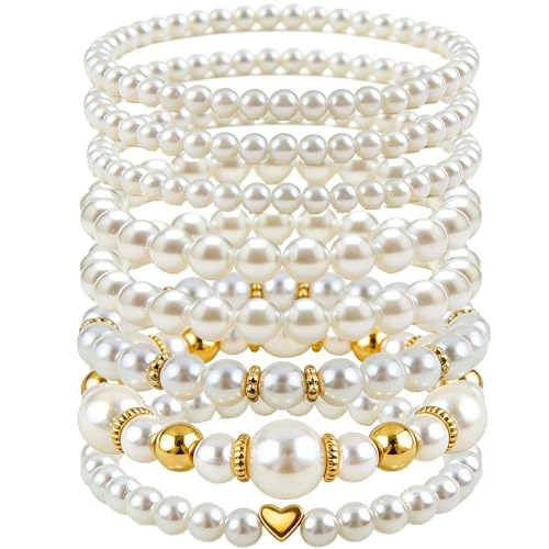 8pcs Faux Pearl Bracelets for Women, Stackable Stretchy Bridal Jewelry Set, Elastic Layered Bracelets for Wedding Bridesmaid Party Prom Christmas - color: golden