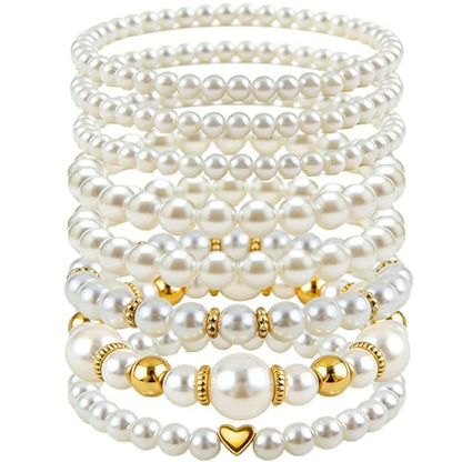 8pcs Faux Pearl Bracelets for Women, Stackable Stretchy Bridal Jewelry Set, Elastic Layered Bracelets for Wedding Bridesmaid Party Prom Christmas - color: golden