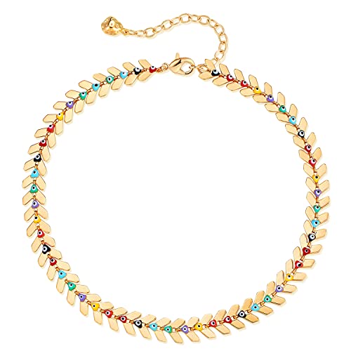 MEVECCO Anklet for Women Gold Chain 14K Gold Plated Dainty Boho Beach Summer Simple Foot Jewelry Ankle Bracelet - style: Evil Eye & Leaf