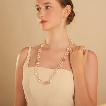 Simulated Pearl Strand Layered Necklace for Women, Multi Strand Long Necklace, Dainty Sweater Necklace for Party Costume Jewelry - style: Moon Star