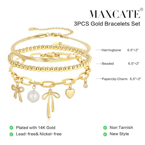 3PCS Charm Gold Bracelets for Women Non Tarnish,14k Plated Gold Bracelet Stack Cute Dainty Stackable Trendy Bow Cross Clover Bracelets Set Tarnish Free Gold Jewelry for Women Gifts - color: Pearl Bow-Gold