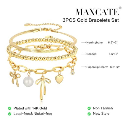 3PCS Charm Gold Bracelets for Women Non Tarnish,14k Plated Gold Bracelet Stack Cute Dainty Stackable Trendy Bow Cross Clover Bracelets Set Tarnish Free Gold Jewelry for Women Gifts - color: Pearl Bow-Gold