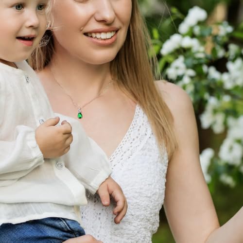 FANCIME 14K Solid White Gold Birthstone Pendant Necklace for Women with Diamond Pear Shaped Teardrop Necklace Birthday Gifts for Mom Women,Sterling Silver Chain 16" + 2" Extender - color: 05-Emerald