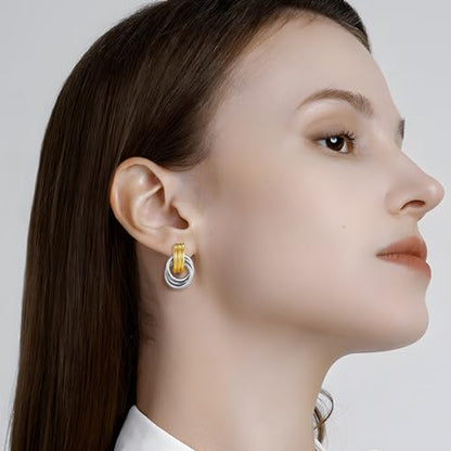 Gold Chunky Earrings for Women Geometric Knot Link Drop Dangle Earrings 14K Gold Plated Statement Earrings Trendy Gold Jewelry - color: Style 8-Two Tone