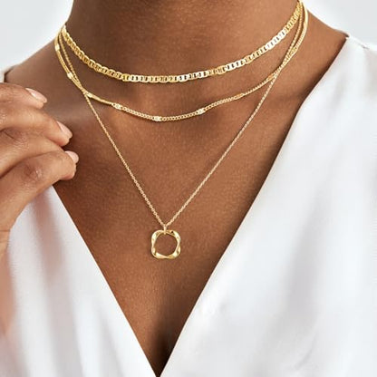 Airmb Gold Layered Necklaces for Women 14k Gold Plated Dainty Stackable Choker Necklaces for Women Trendy Layering Chain Cute Pendant Necklace Set Gold Jewelry for Women - color: Gold-Circle Pendant-Mariner Chain