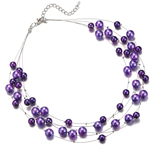 FULU AUTUMN Layered Pearl Necklace Multi-strand Pearl Choker Necklaces for Women Beaded jewelry for Wedding Parties - color: Purple