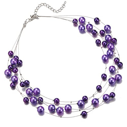 FULU AUTUMN Layered Pearl Necklace Multi-strand Pearl Choker Necklaces for Women Beaded jewelry for Wedding Parties - color: Purple