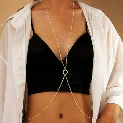 Gold Plated Body Chain for Women, Layered Bikini Waist Chain | Sexy Rhinestone Body Jewelry, Chest Belly Chain, Adjustable Fit, Crossover Design, Summer Beach Parties and Vacations - color: Gold9