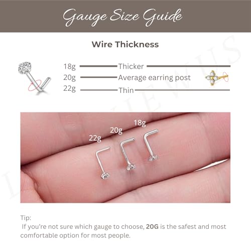 LUCKYJEWUS 3Pcs 925 Sterling Silver Nose Rings Studs Set, 18G/20G/22G L Shaped CZ Diamond Nose Studs for Women & Men, 2mm 2.5mm 3mm Hypoallergenic Nose Piercing Jewelry - size: 3pcs - 18G
