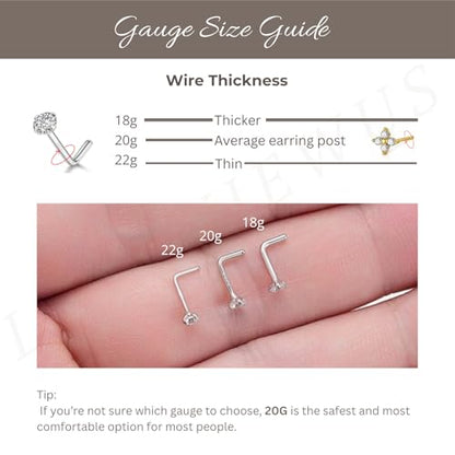 LUCKYJEWUS 3Pcs 925 Sterling Silver Nose Rings Studs Set, 18G/20G/22G L Shaped CZ Diamond Nose Studs for Women & Men, 2mm 2.5mm 3mm Hypoallergenic Nose Piercing Jewelry - size: 3pcs - 18G