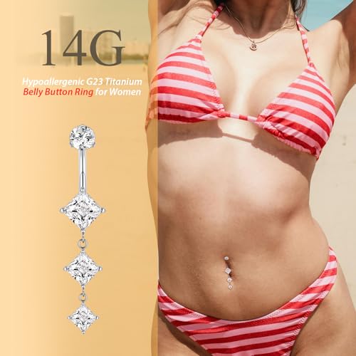 FUNLMO Dangle Belly Button Ring Titanium Belly Rings Belly Button Piercing Cube Zircon Internally Threaded Floating Navel Piercing Jewelry 14G 10mm - color: Silver,Clear CZ