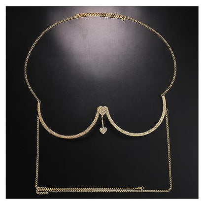 Rhinestone Chest Bracket Chain Trendy Crystal Heart Pendant Bra Chain Sexy Bikini Body Chain Jewelry for Women - color: Gold