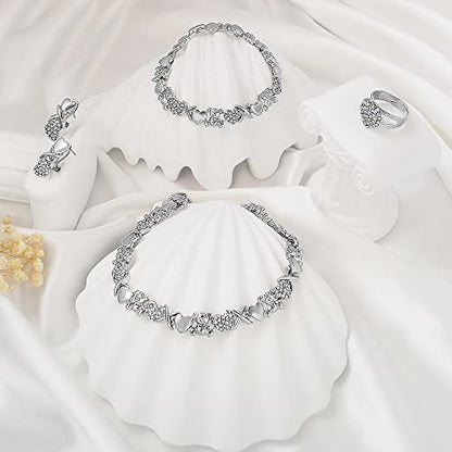 SYHOL Gold Jewelry Sets for Women 18K Gold/Silver Filled Jewelry Necklace Set Wedding Bridal Fashion Jewelry Sets Women Accessories Bracelets Earrings and Rings Sweetheart Gifts - color: Silver
