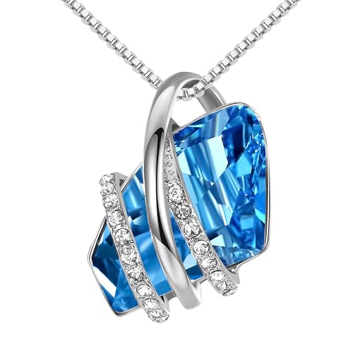 Leafael Wish Stone Pendant Necklace with Birthstone Crystal, 18K Rose Gold Plated/Silvertone, 18" + 2" - color: 203-March December-Aquamarine Blue-Silvertone