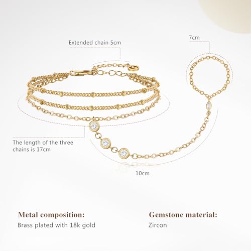 Cicy Bell Hand Chain Bracelets for Women 18K Gold Plated | Layered Stackable Dainty Ring Bracelets, Adjustable Satellite Bead Dot Link Finger Bracelets - color: Style D-Gold