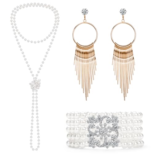 1920s Pearl Jewelry Set - Long Pearl Necklace, Earring Set, Multilayer Bracelet - Flapper Accessories for Women - color: Charming