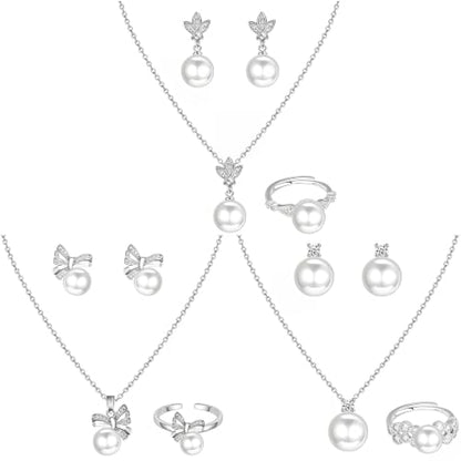 NEWITIN 15 Pieces Pearl Jewelry Set for Women Wedding Costume Accessories | Hypoallergenic, Cubic Zirconia, CZ Necklaces Earrings Bracelets Rings, Silver Jewelry for Wedding Bride Bridesmaid Party Prom - color: Silver Pearl B