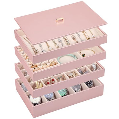Voova Stackable Jewelry Organizer Tray with Lid (Set of 4, Rose Gold) | Stackable PU leather jewelry trays with drawer inserts for earrings, rings, necklaces, bracelets and watches; set of 4 - color: Rose Gold