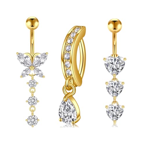 MODRSA Gold Belly Button Ring Dangle Belly Rings Silver Pink Dangling Dangly Belly Button Piercing Hypoallergenic Surgical Steel Opal Butterfly Navel Rings for Women Cute Dainty Navel Jewelry - color: A42-3pcs dangle- gold