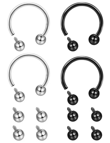 Lcolyoli 16g Septum Rings Internally Threaded Surgical Steel Septum Jewelry Lip Rings Hoop Labret Jewelry Horseshoe Earrings Daith Piercing Jewelry for Women Men - color: 16g,silvertone+black