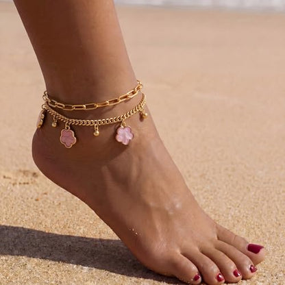 Fesciory Gold Plated Ankle Bracelets for Women, Adjustable Layered Flower Cherry Charm Anklets, Summer Hawaiian Beach Foot Jewelry Gifts 3 Flowers